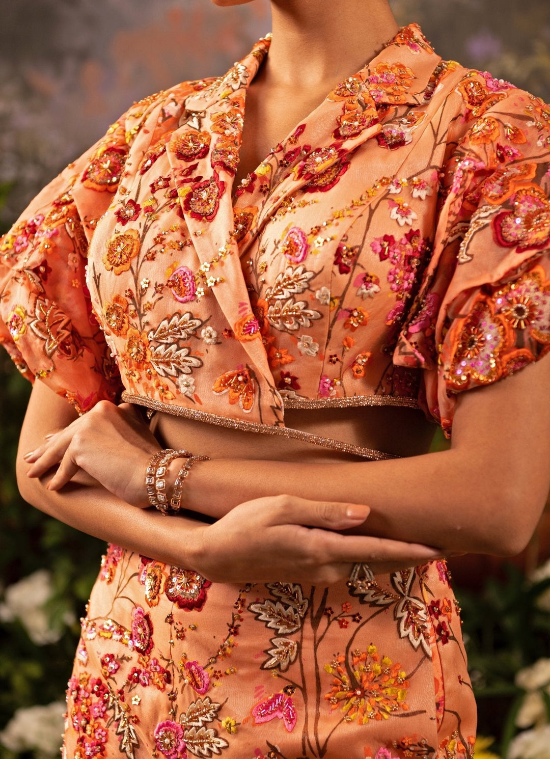 Coral Floral Embroidered Organza Co Ord Set Moledro - Fabilicious Fashion