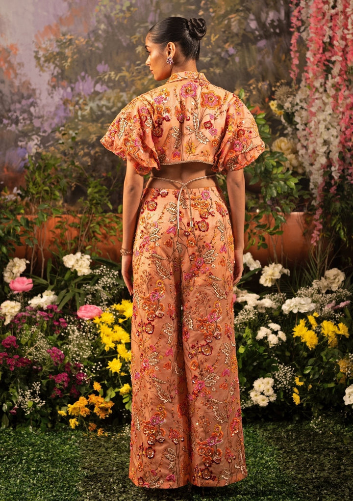 Coral Floral Embroidered Organza Co Ord Set Moledro - Fabilicious Fashion