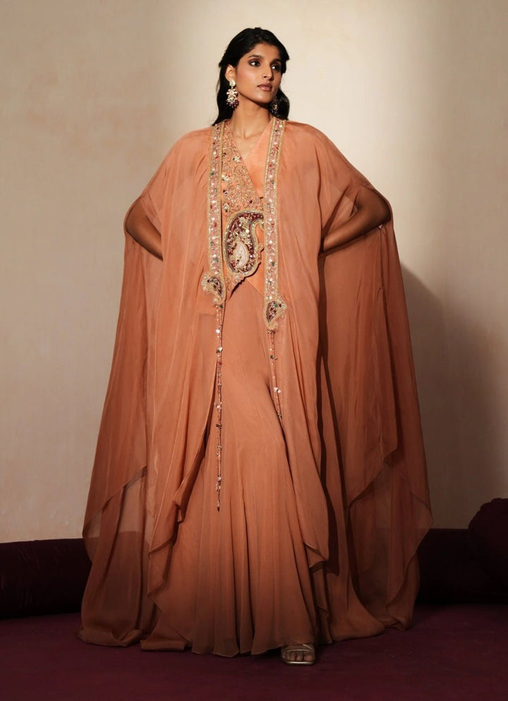 Coral Georgette Blouse Sharara Set With Cape Isha Gupta Tayal - Fabilicious Fashion