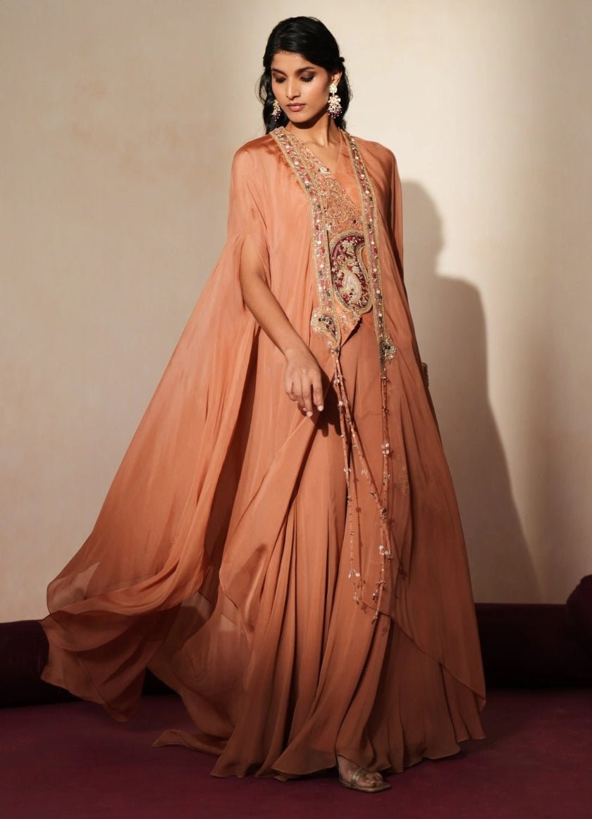 Coral Georgette Blouse Sharara Set With Cape Isha Gupta Tayal - Fabilicious Fashion
