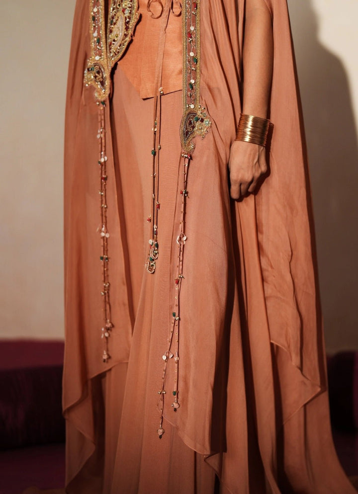 Coral Georgette Blouse Sharara Set With Cape Isha Gupta Tayal - Fabilicious Fashion