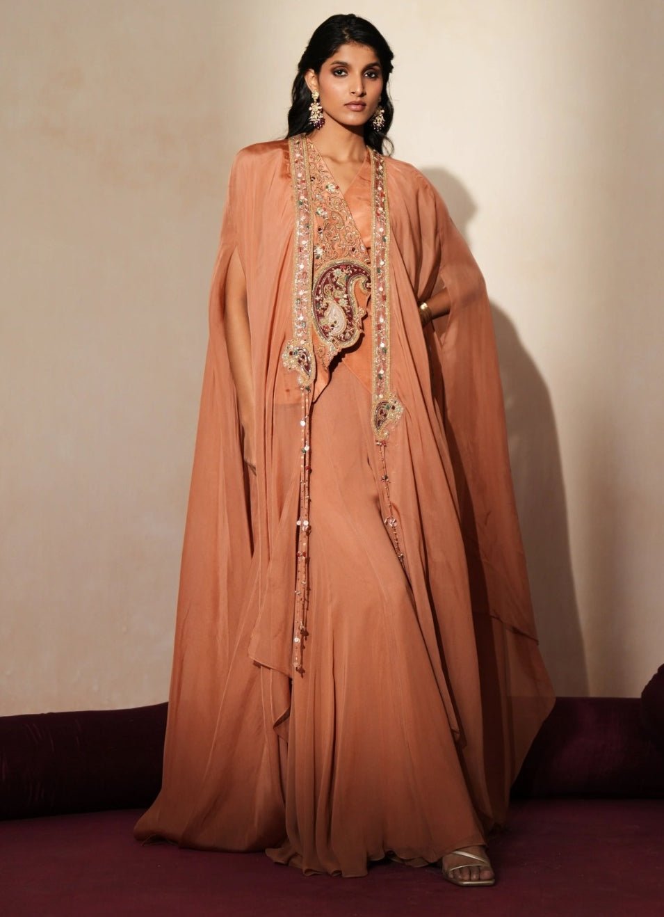 Coral Georgette Blouse Sharara Set With Cape Isha Gupta Tayal - Fabilicious Fashion