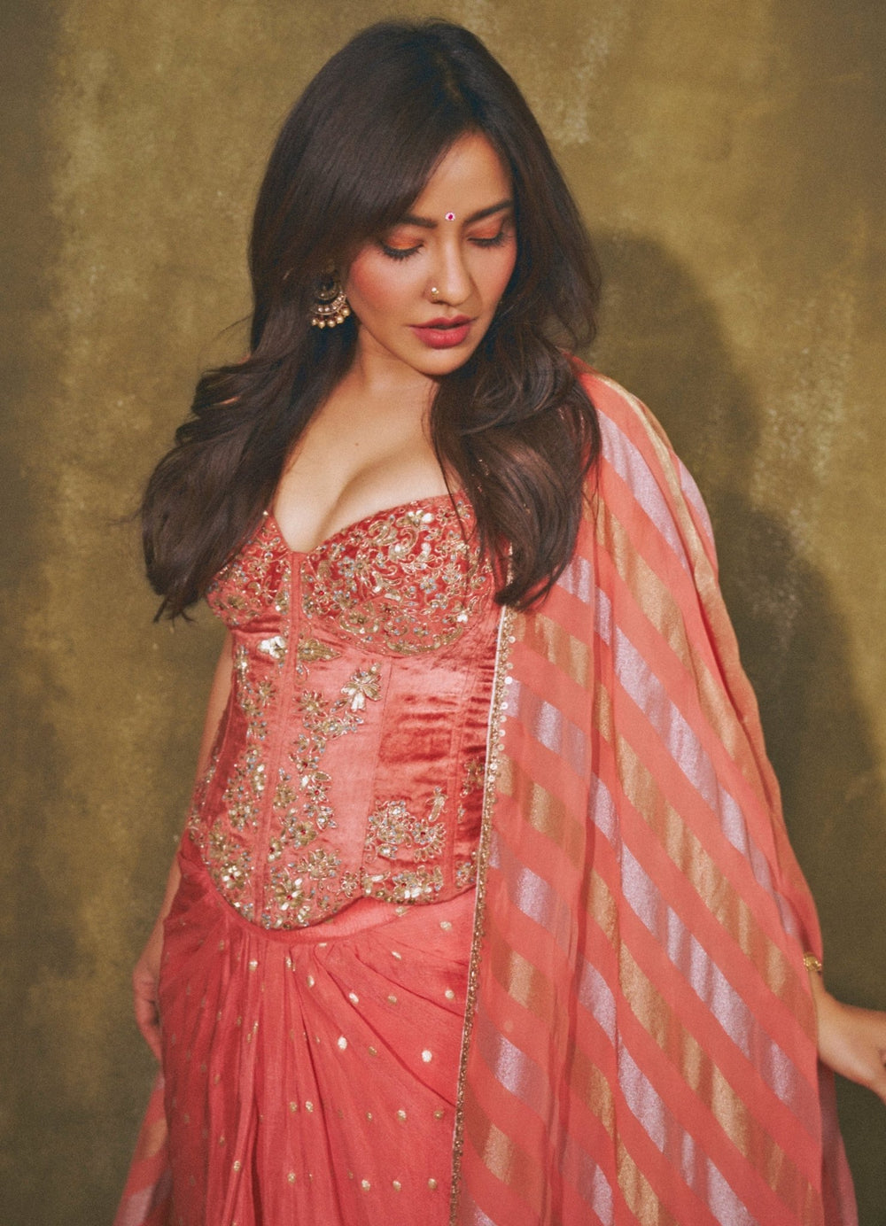 Chamee And Palak Coral Georgette Drape Skirt Set With Corset And CapeFabilicious Fashion