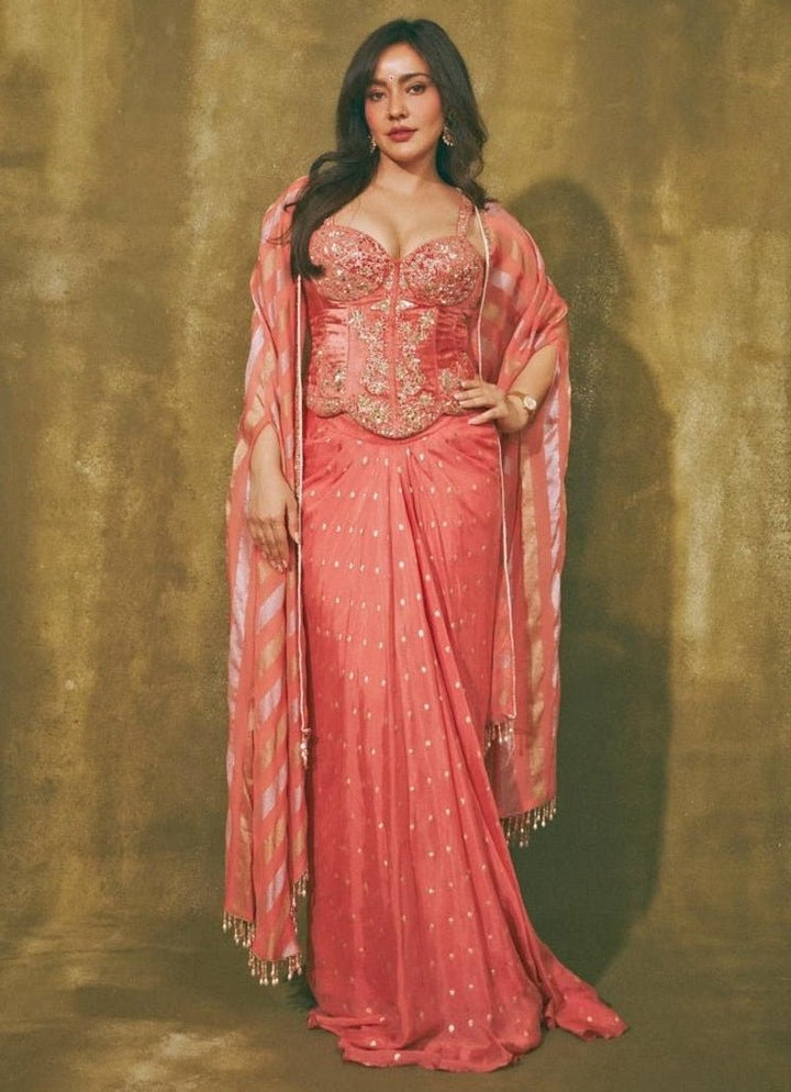 Chamee And Palak Coral Georgette Drape Skirt Set With Corset And CapeFabilicious Fashion