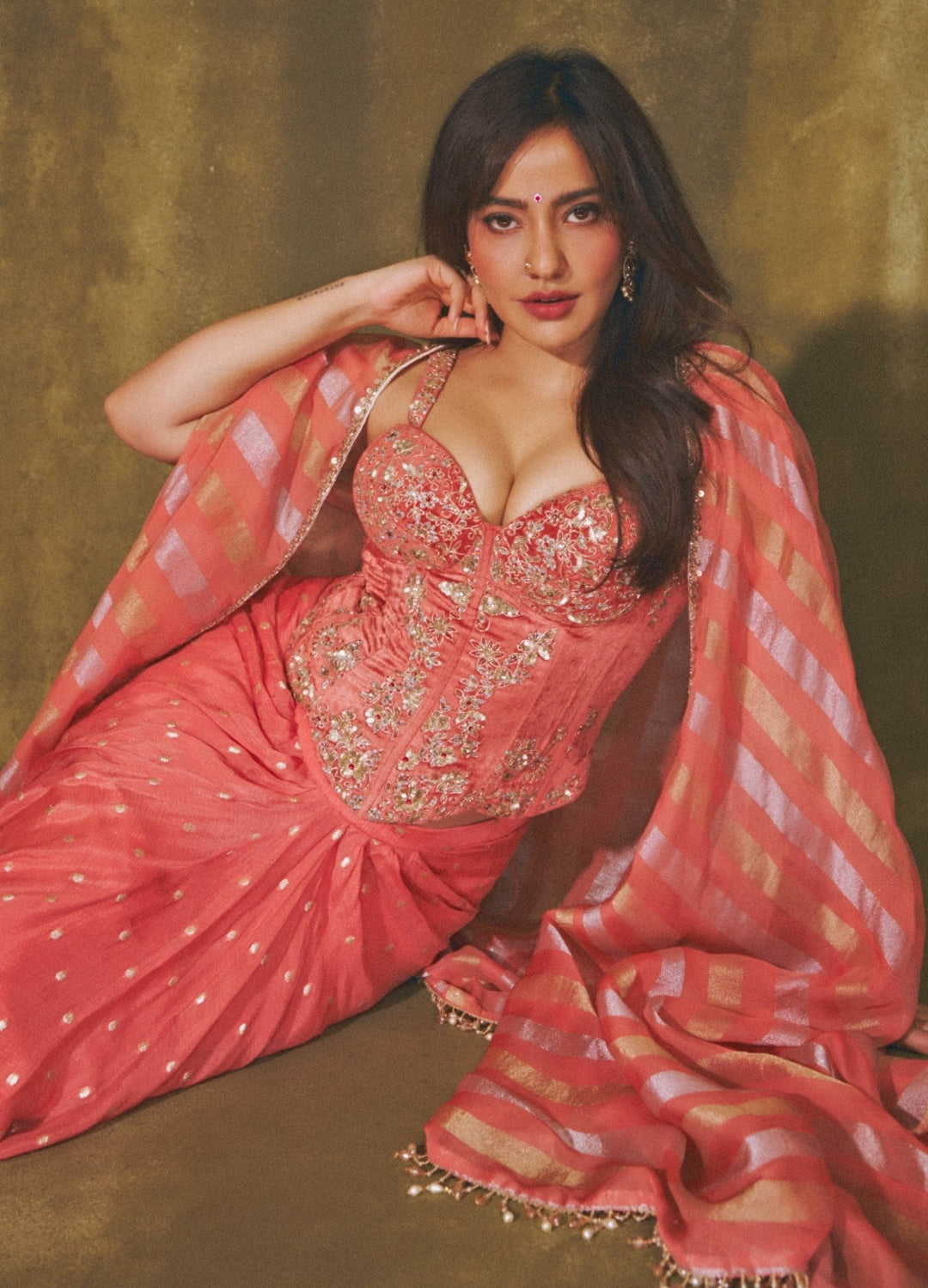 Chamee And Palak Coral Georgette Drape Skirt Set With Corset And CapeFabilicious Fashion