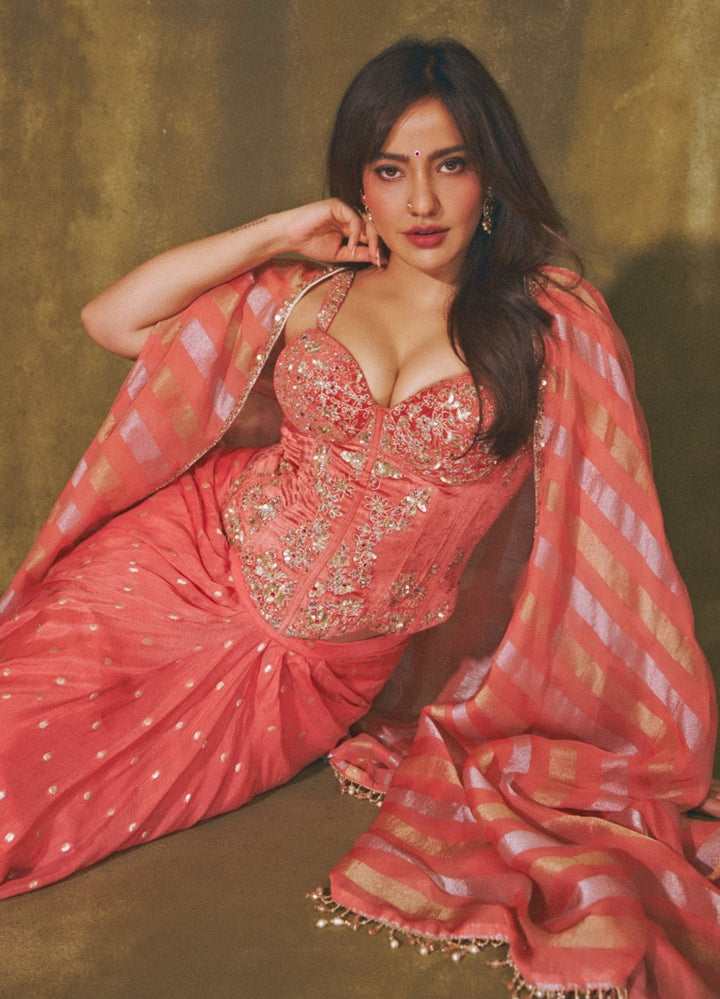 Chamee And Palak Coral Georgette Drape Skirt Set With Corset And CapeFabilicious Fashion
