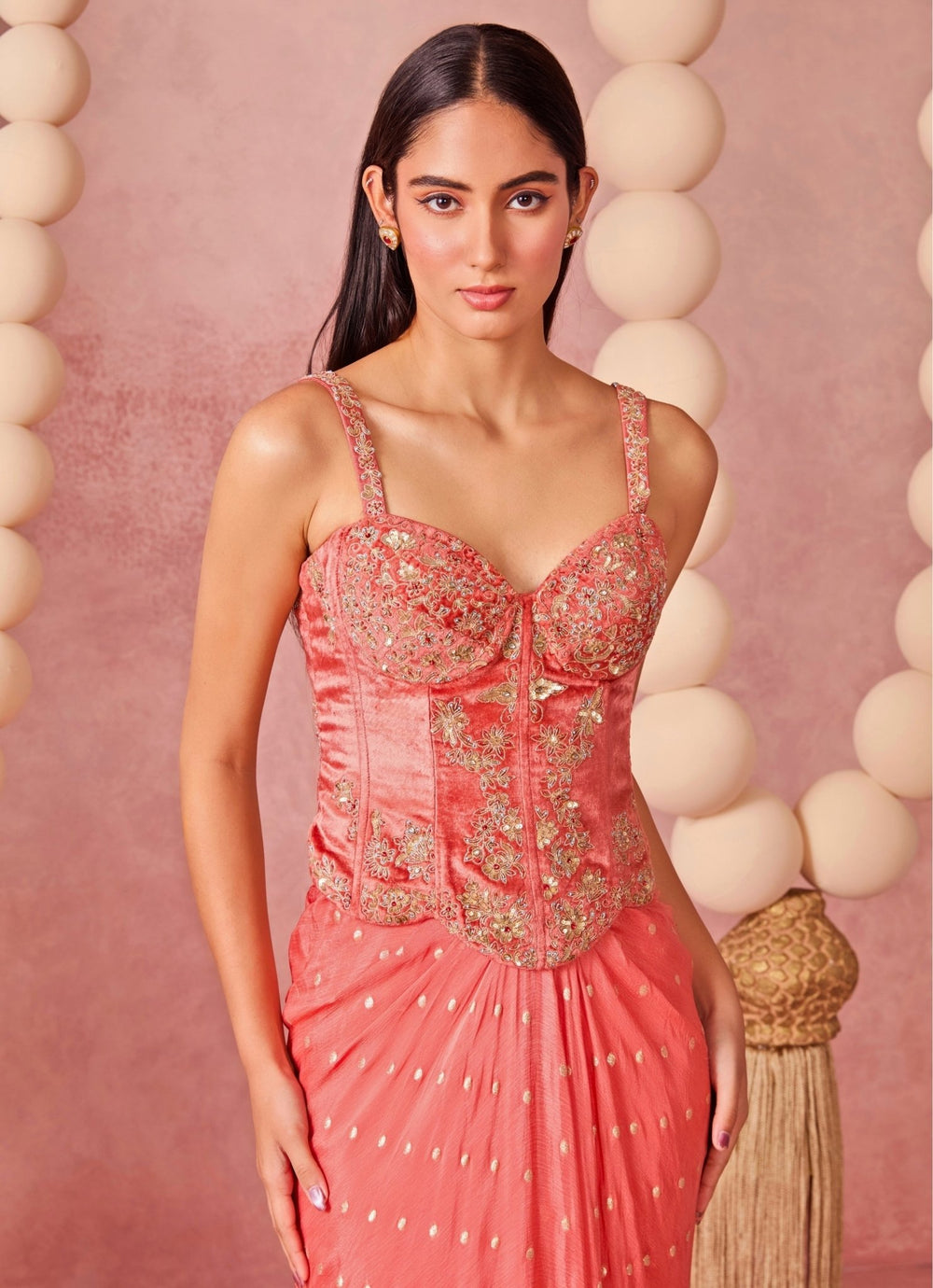 Chamee And Palak Coral Georgette Drape Skirt Set With Corset And CapeFabilicious Fashion