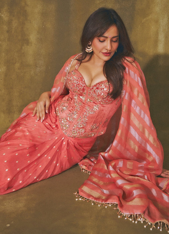 Chamee And Palak Coral Georgette Drape Skirt Set With Corset And CapeFabilicious Fashion