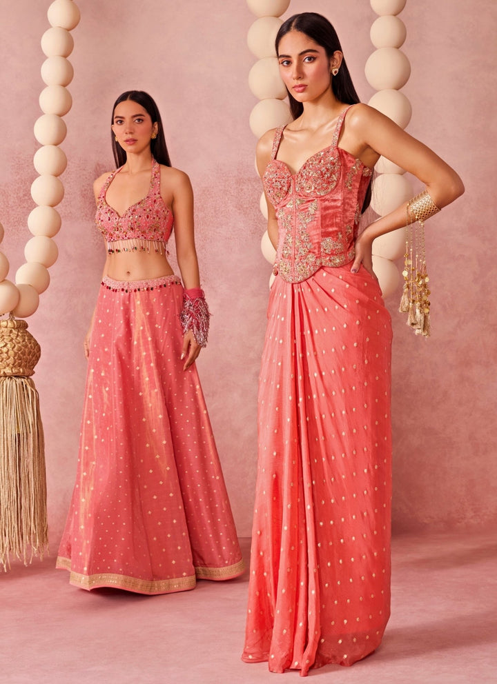 Chamee And Palak Coral Georgette Drape Skirt Set With Corset And CapeFabilicious Fashion