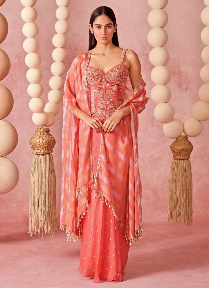 Chamee And Palak Coral Georgette Drape Skirt Set With Corset And CapeFabilicious Fashion