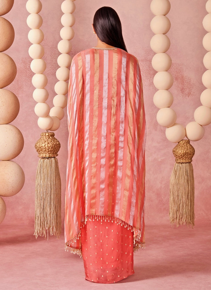 Chamee And Palak Coral Georgette Drape Skirt Set With Corset And CapeFabilicious Fashion