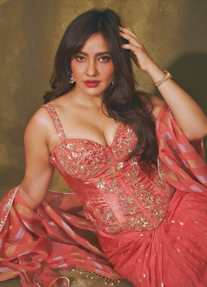 Chamee And Palak Coral Georgette Drape Skirt Set With Corset And CapeFabilicious Fashion