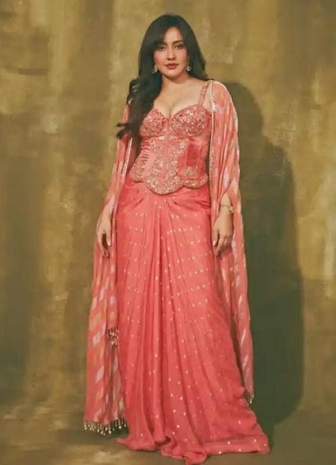 Chamee And Palak Coral Georgette Drape Skirt Set With Corset And CapeFabilicious Fashion