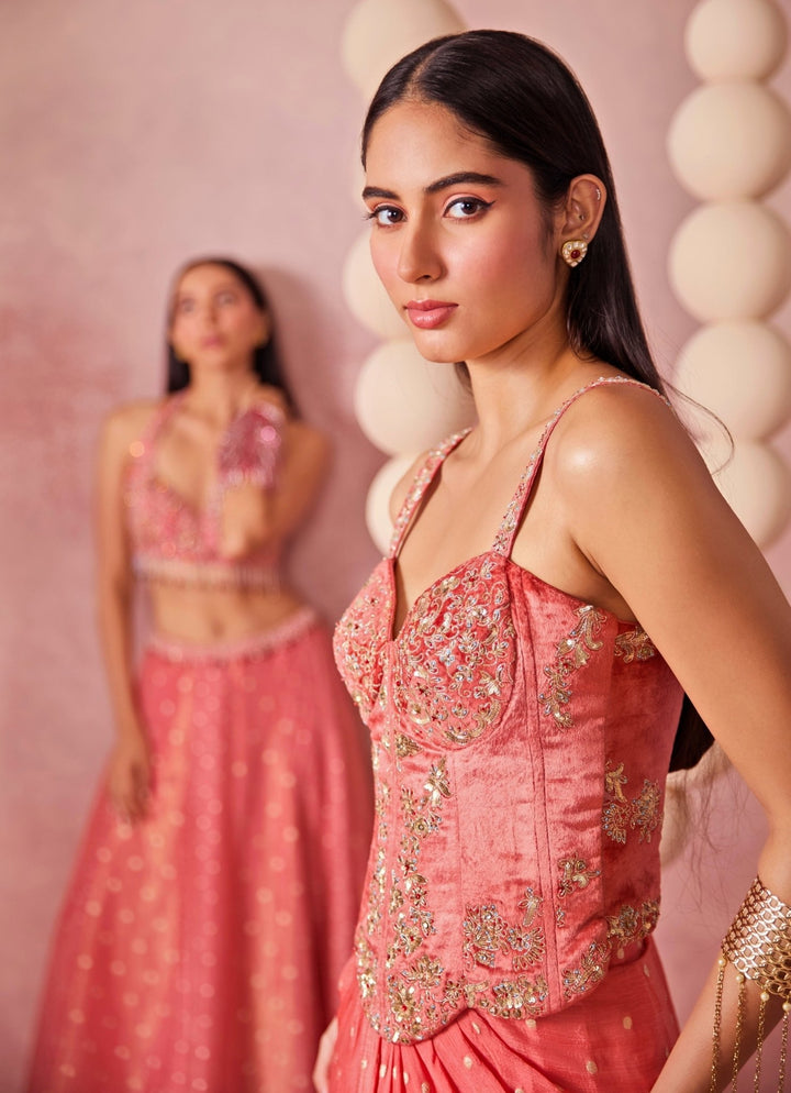 Chamee And Palak Coral Georgette Drape Skirt Set With Corset And CapeFabilicious Fashion