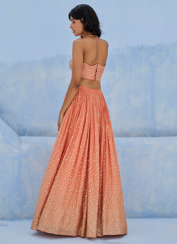 Coral Georgette Ruched Lehenga Set Chamee and Palak - Fabilicious Fashion