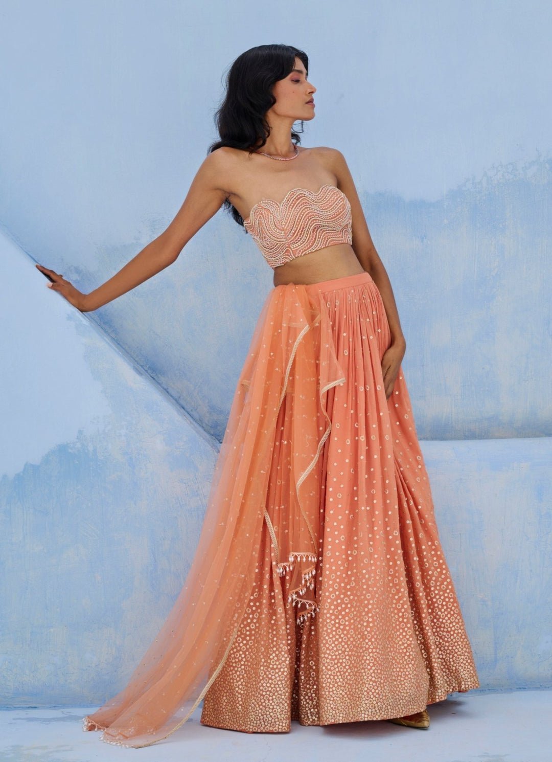 Coral Georgette Ruched Lehenga Set Chamee and Palak - Fabilicious Fashion