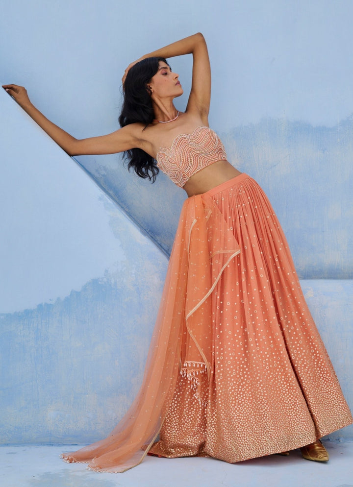 Coral Georgette Ruched Lehenga Set Chamee and Palak - Fabilicious Fashion