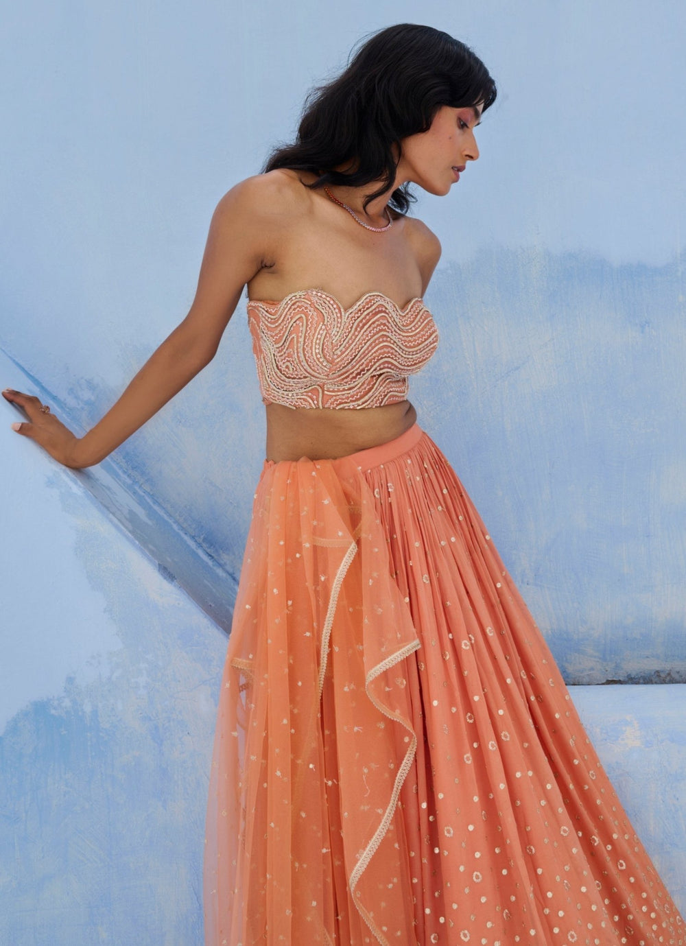 Coral Georgette Ruched Lehenga Set Chamee and Palak - Fabilicious Fashion