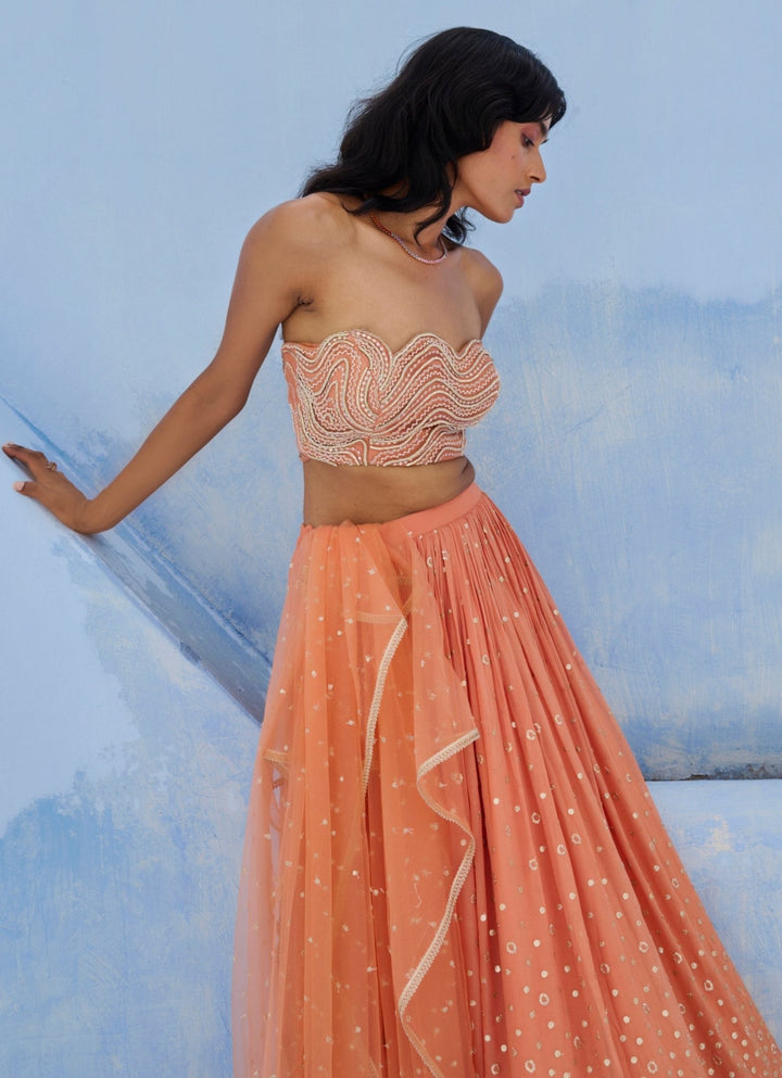 Coral Georgette Ruched Lehenga Set Chamee and Palak - Fabilicious Fashion