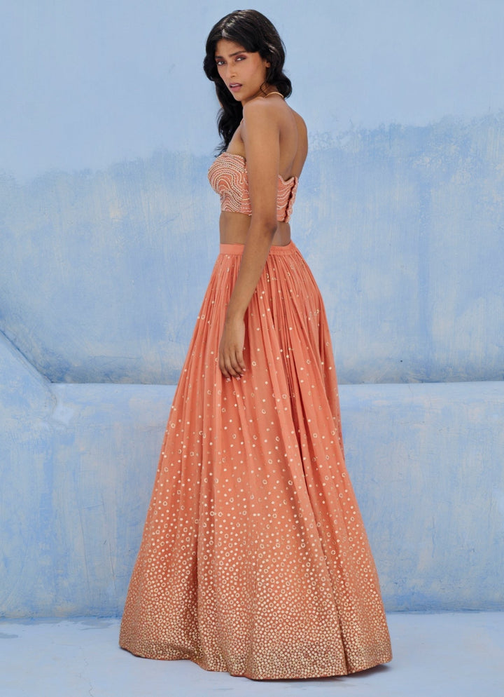 Coral Georgette Ruched Lehenga Set Chamee and Palak - Fabilicious Fashion