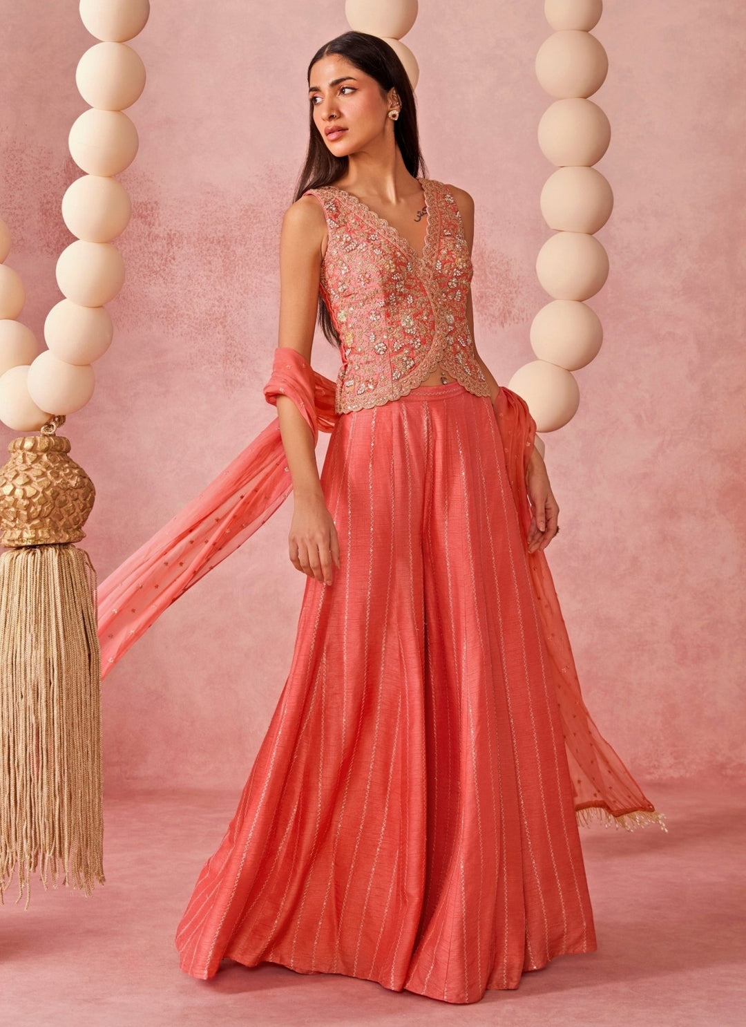 Chamee And Palak Coral Jamewar Palazzo Pants SetFabilicious Fashion