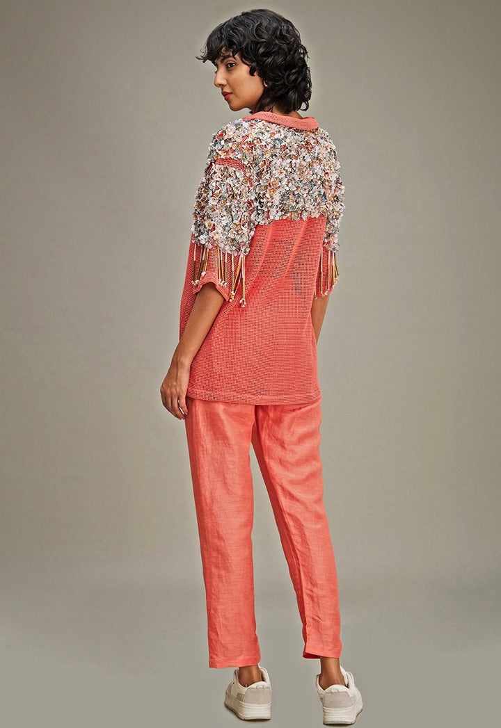 Coral Linen Co Ord Set With Floral Applique Jacket Soup By Sougat Paul - Fabilicious Fashion
