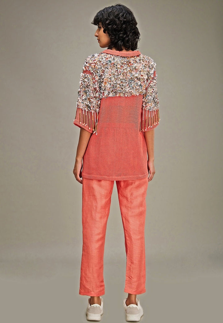 Coral Linen Co Ord Set With Floral Applique Jacket Soup By Sougat Paul - Fabilicious Fashion
