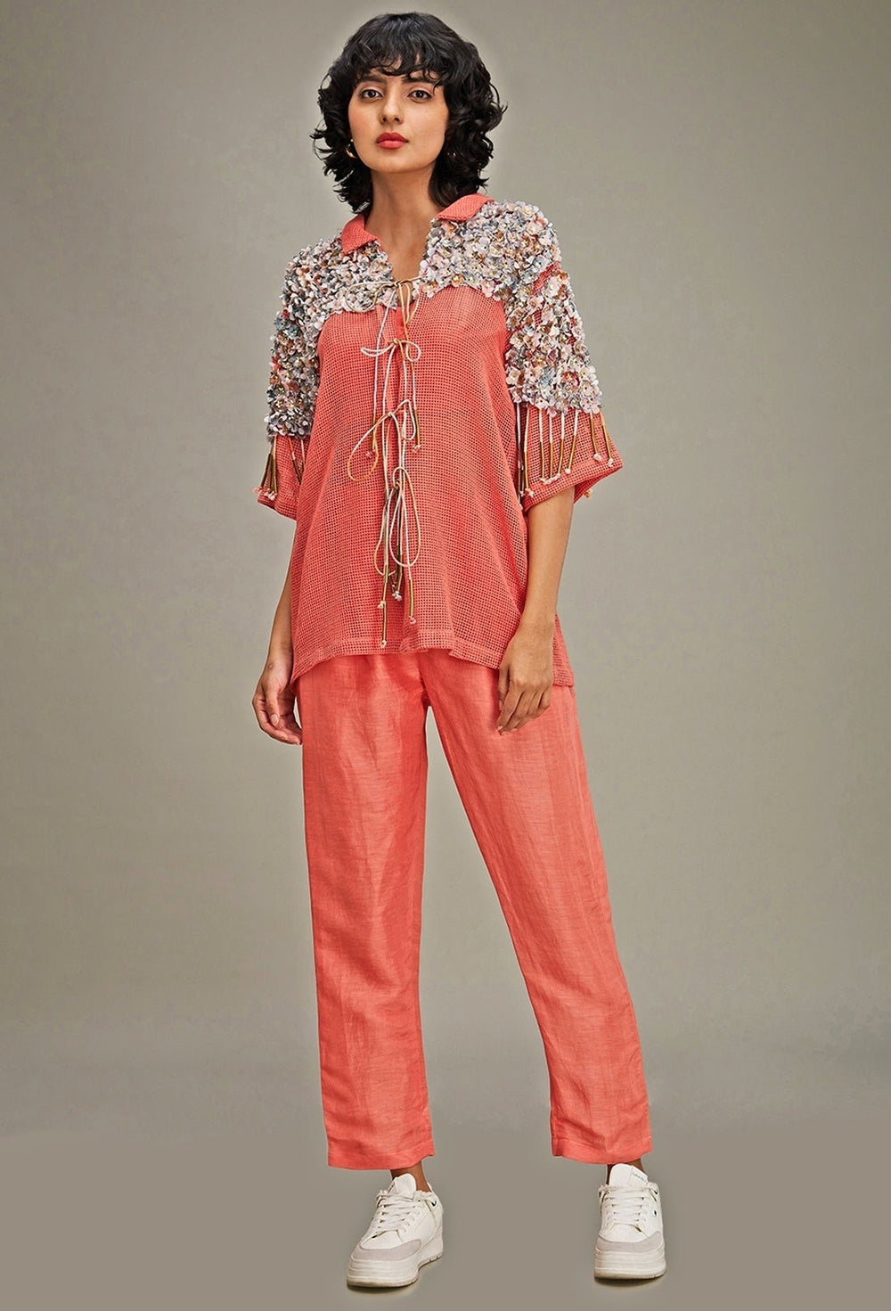 Coral Linen Co Ord Set With Floral Applique Jacket Soup By Sougat Paul - Fabilicious Fashion