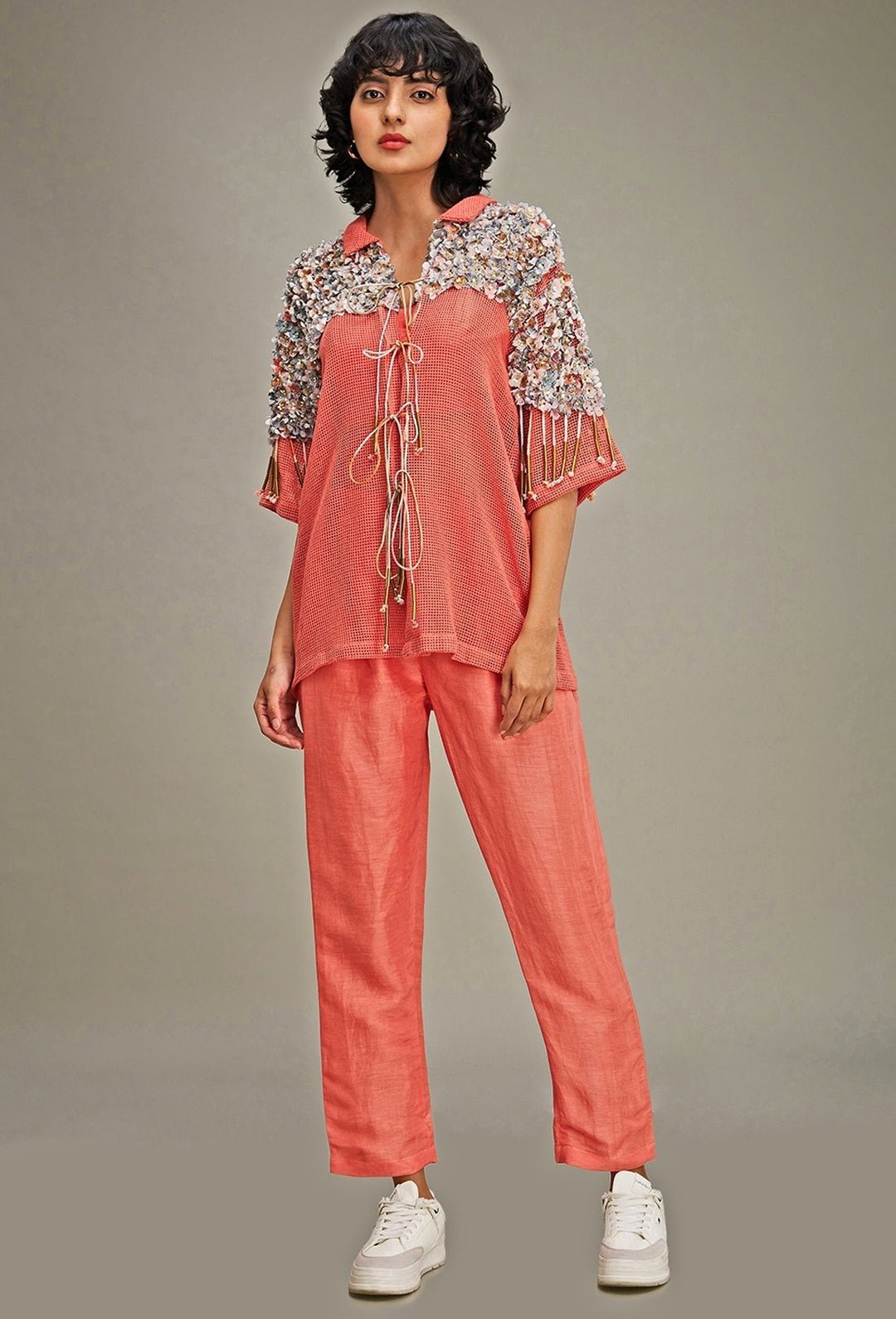 Coral Linen Co Ord Set With Floral Applique Jacket Soup By Sougat Paul - Fabilicious Fashion