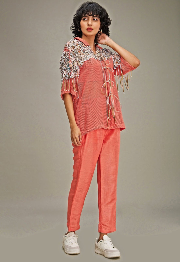 Coral Linen Co Ord Set With Floral Applique Jacket Soup By Sougat Paul - Fabilicious Fashion