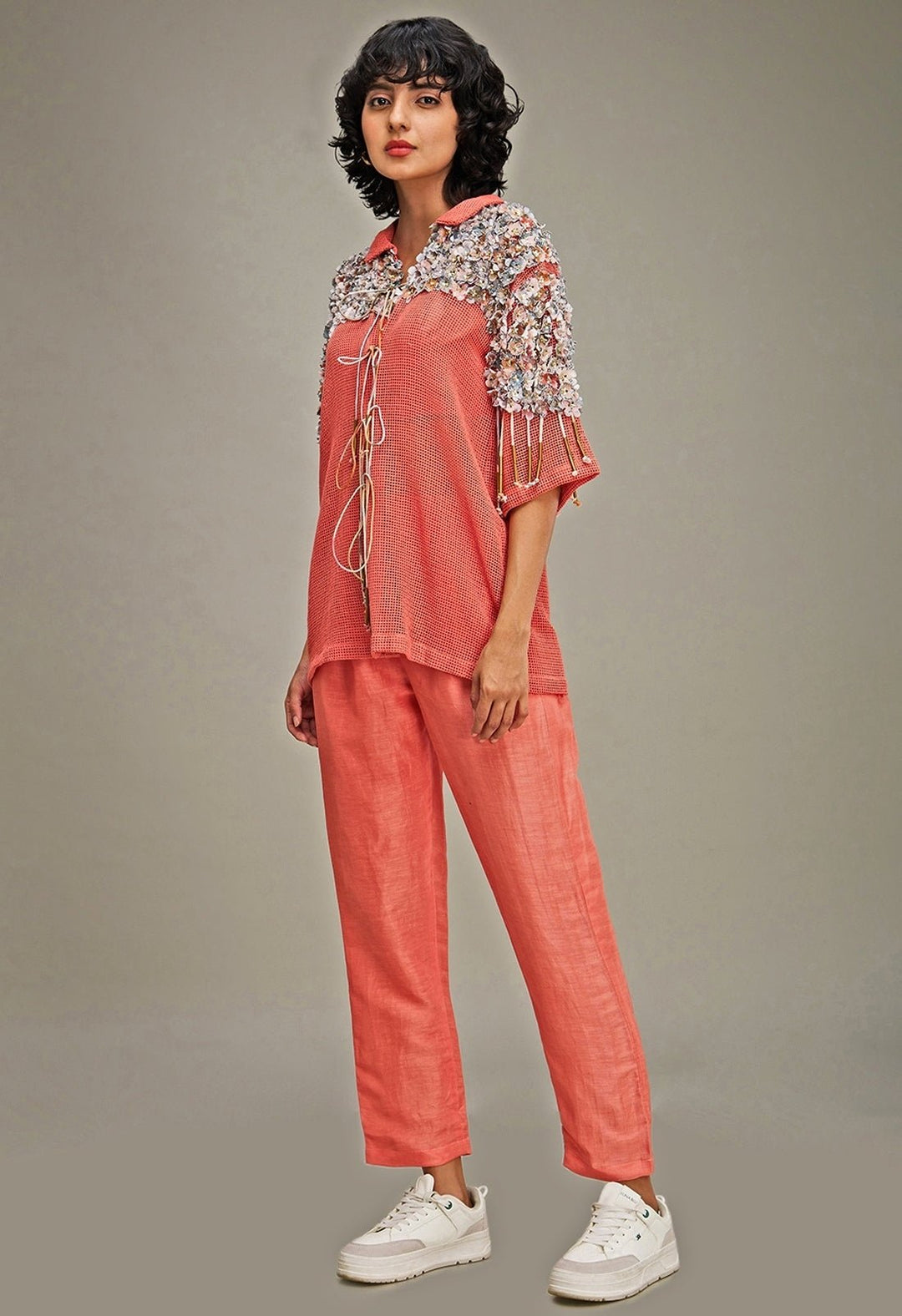 Coral Linen Co Ord Set With Floral Applique Jacket Soup By Sougat Paul - Fabilicious Fashion
