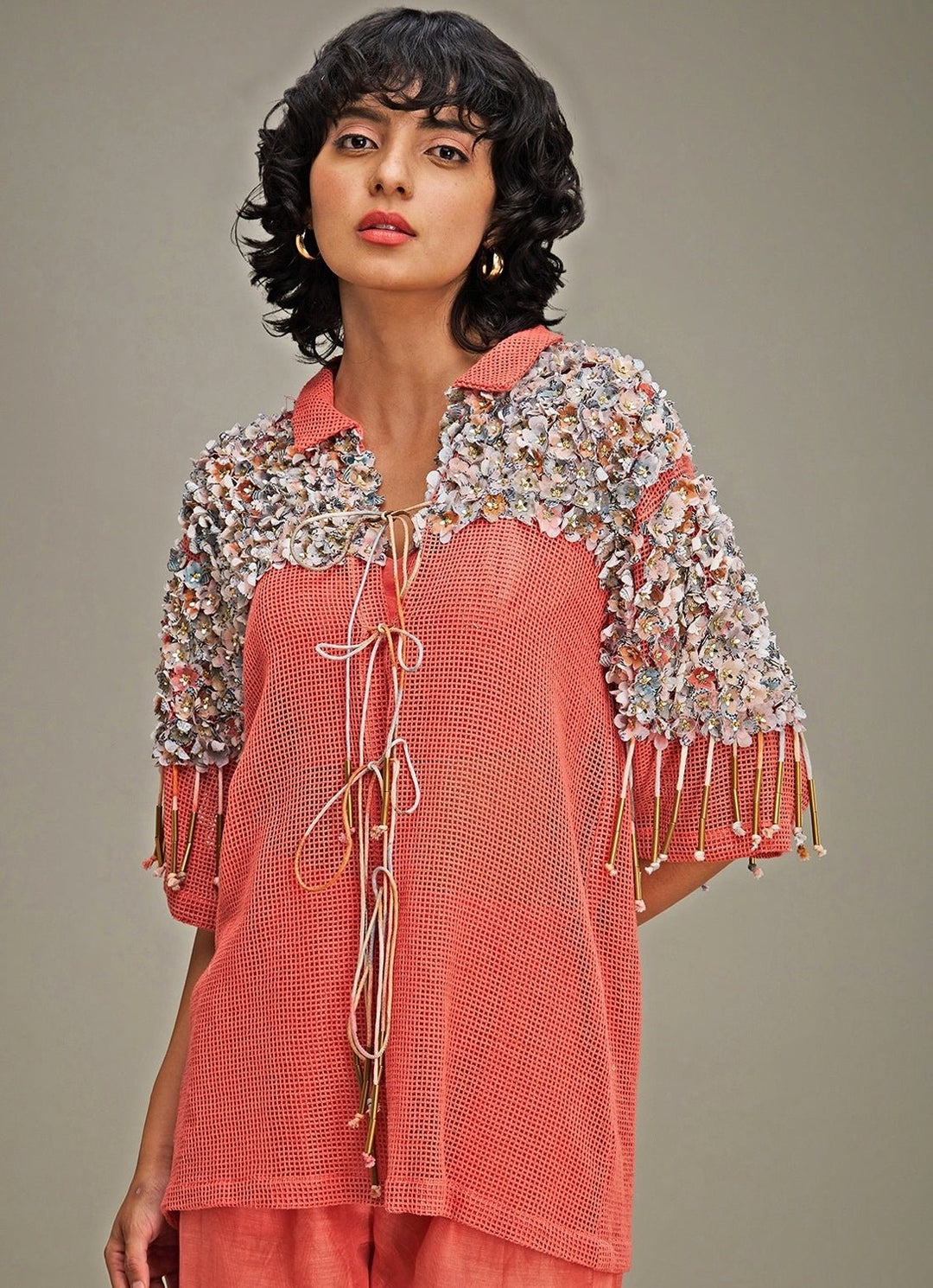 Coral Linen Co Ord Set With Floral Applique Jacket Soup By Sougat Paul - Fabilicious Fashion