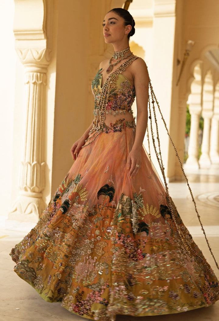 Moledro Coral Ombre Georgette Corset Lehenga SetFabilicious Fashion