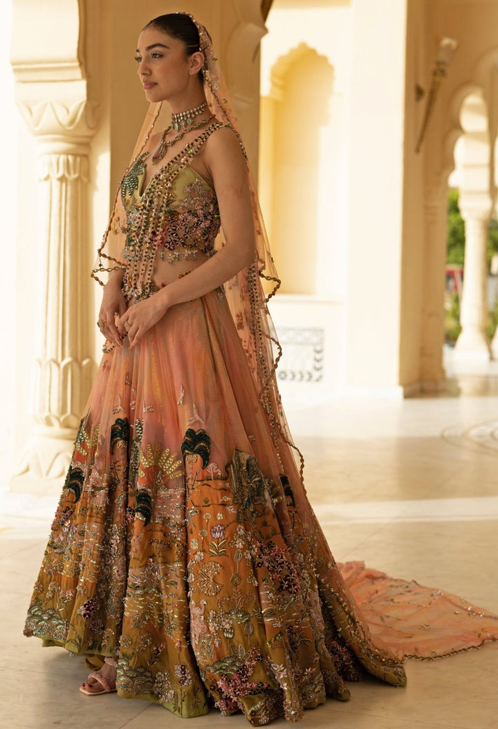 Moledro Coral Ombre Georgette Corset Lehenga SetFabilicious Fashion
