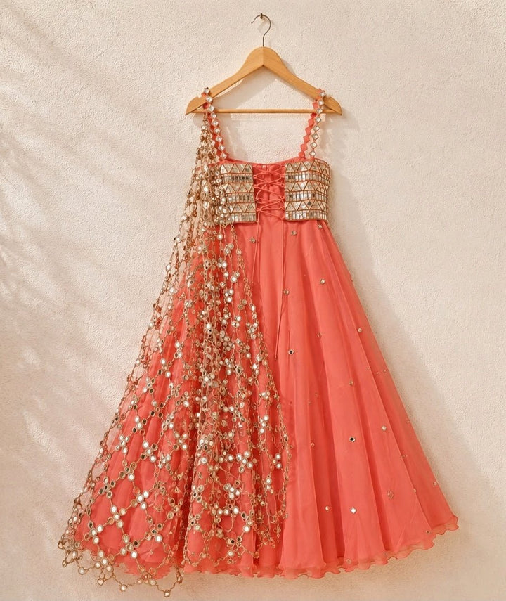 Anisha Shetty Coral Organza Lehenga Set with Corset BlouseFabilicious Fashion