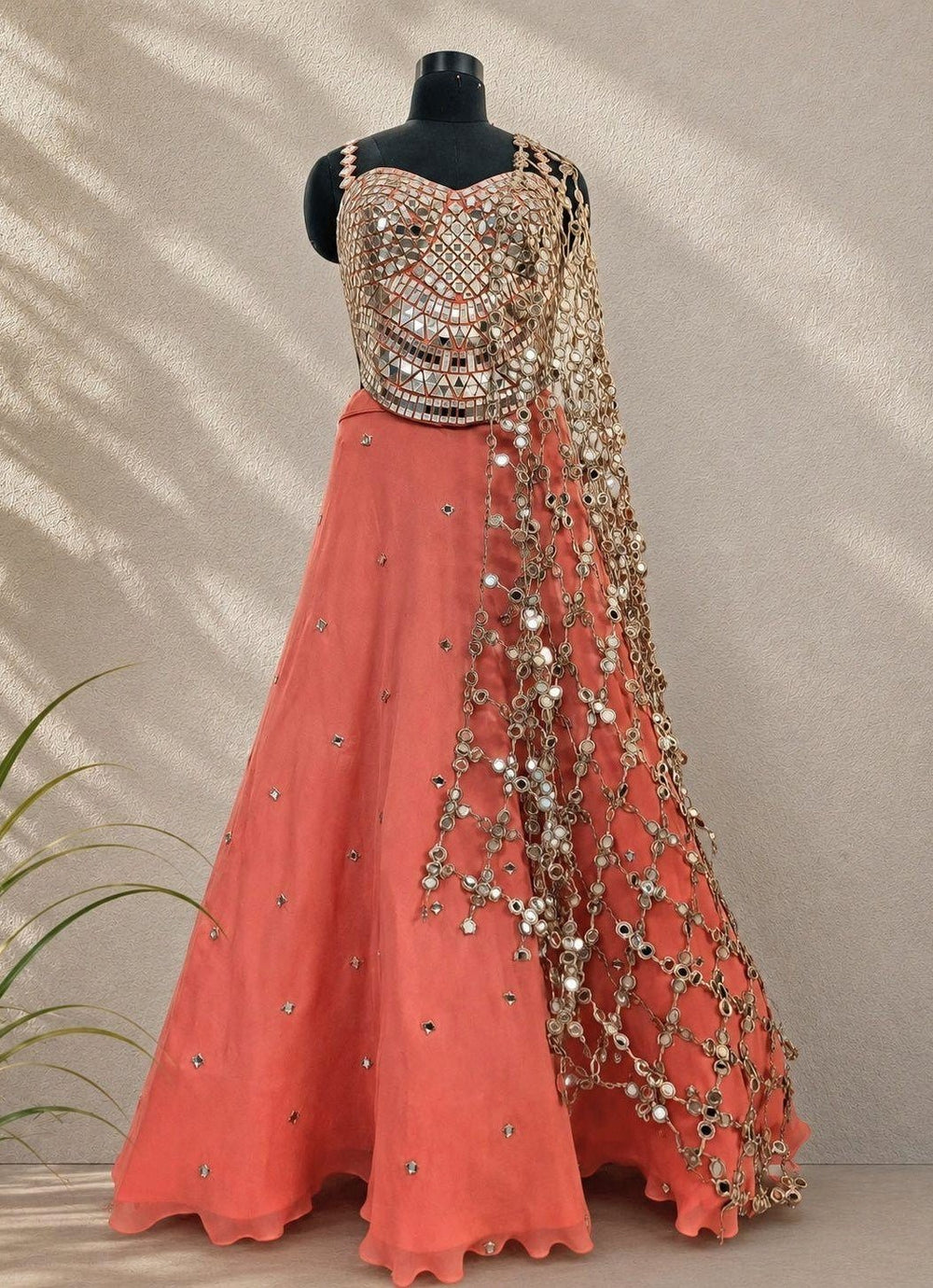 Anisha Shetty Coral Organza Lehenga Set with Corset BlouseFabilicious Fashion