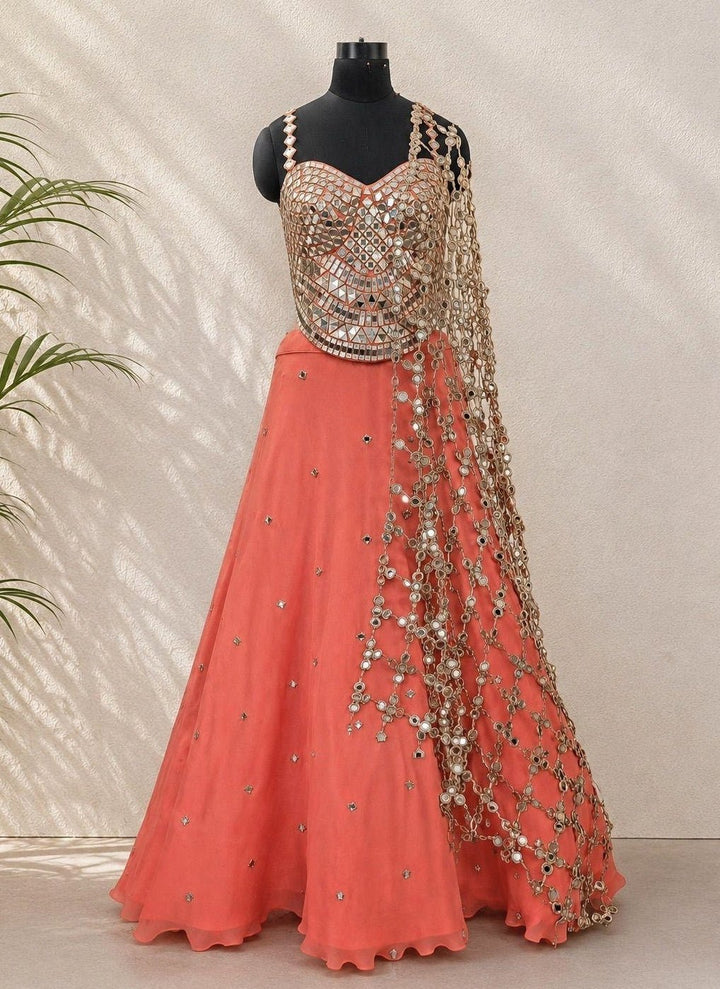 Anisha Shetty Coral Organza Lehenga Set with Corset BlouseFabilicious Fashion