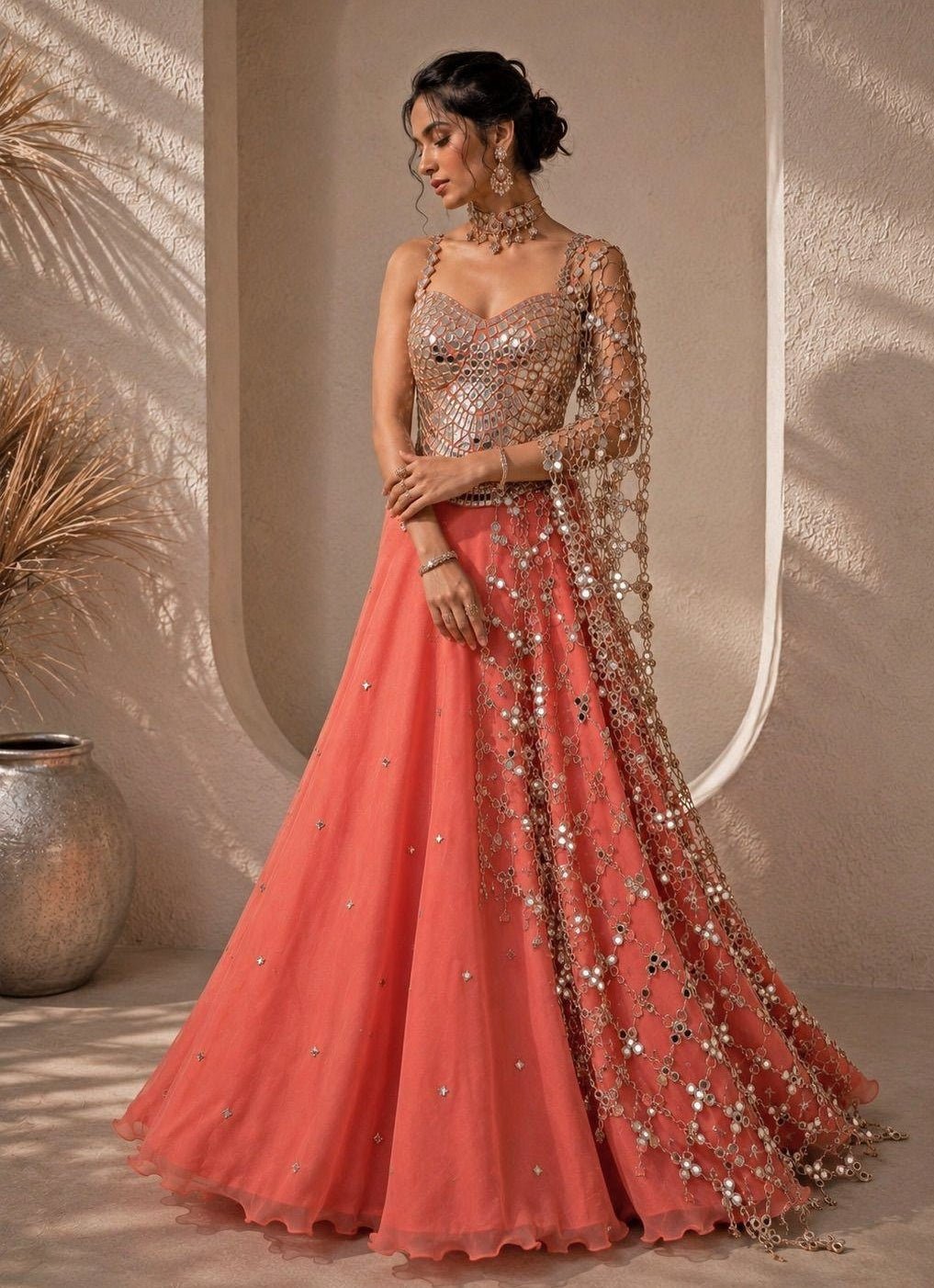 Anisha Shetty Coral Organza Lehenga Set with Corset BlouseFabilicious Fashion