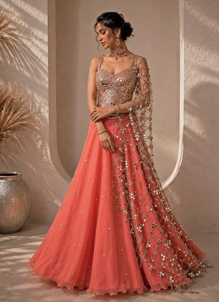 Anisha Shetty Coral Organza Lehenga Set with Corset BlouseFabilicious Fashion