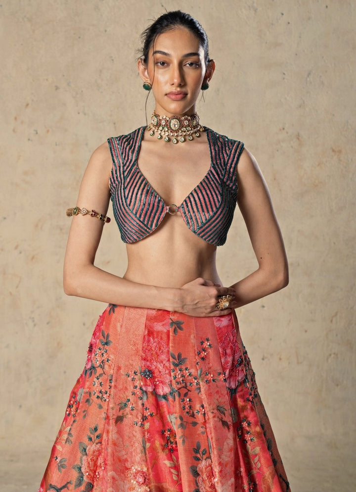 Basil Leaf Coral Pink And Blue Printed Tissue Lehenga SetFabilicious Fashion