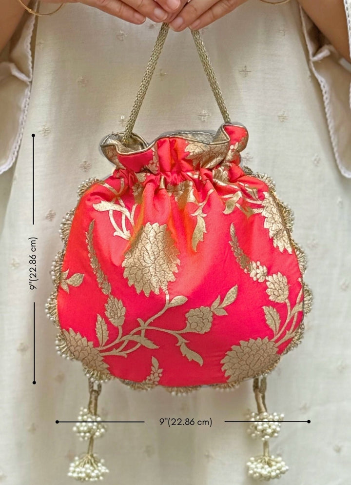 Coral Pink Banarasi Potli AMYRA - Fabilicious Fashion