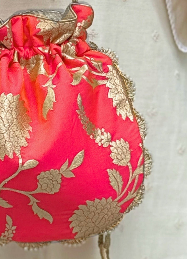 Coral Pink Banarasi Potli AMYRA - Fabilicious Fashion