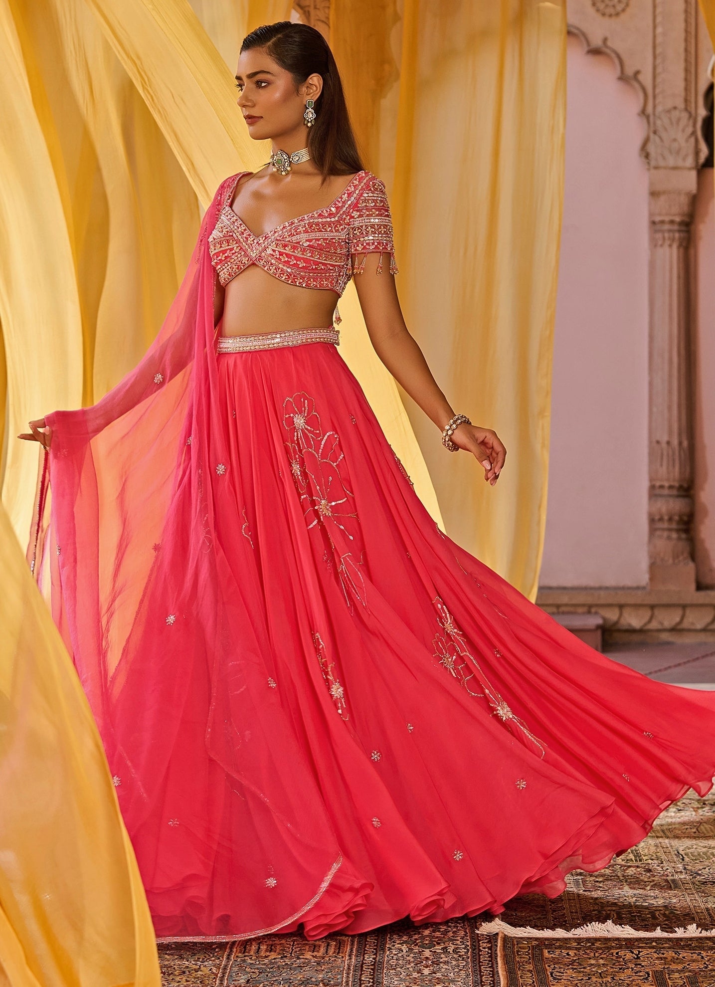 Coral pink embroidered organza lehenga — modern sangeet lehenga for festive nights