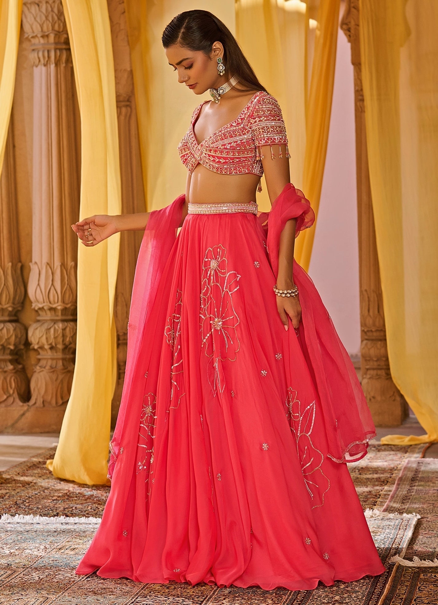 Coral pink embroidered organza lehenga set for engagement