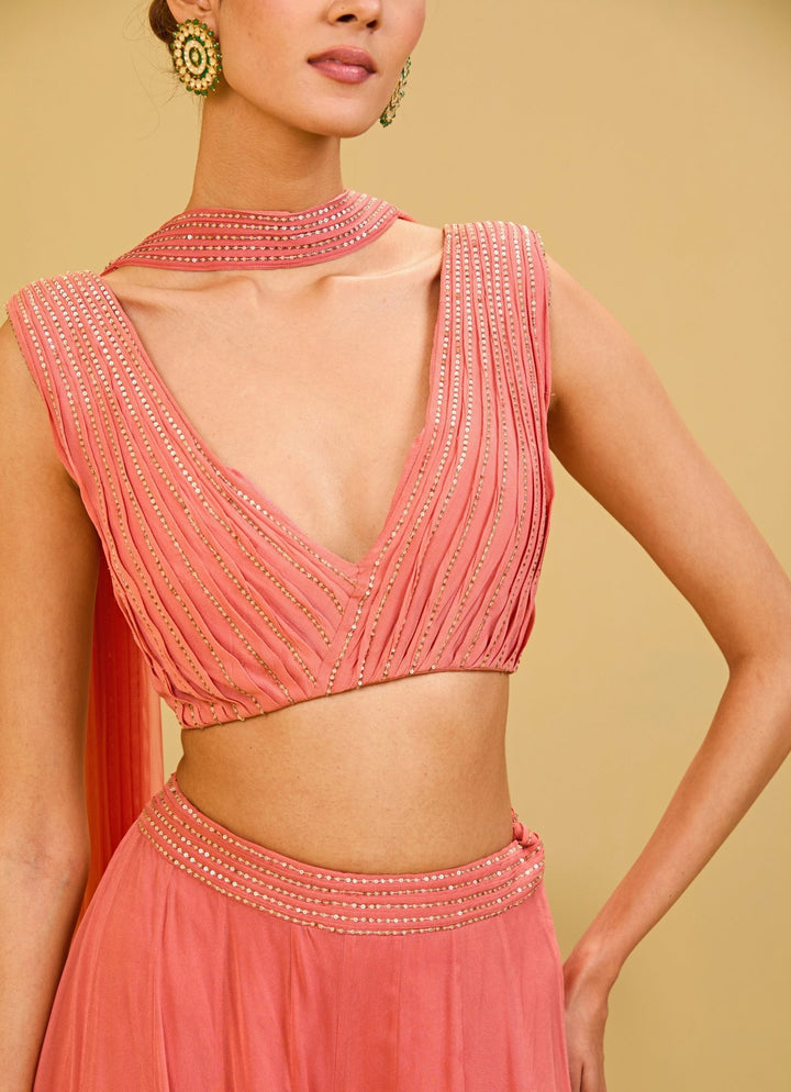 Esha Koul Coral Pink Georgette Blouse Palazzo SetFabilicious Fashion