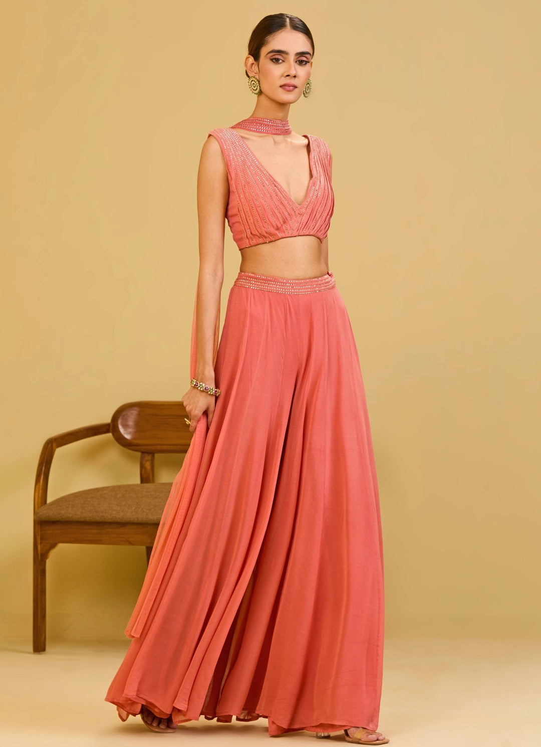 Esha Koul Coral Pink Georgette Blouse Palazzo SetFabilicious Fashion