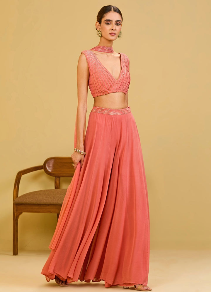Esha Koul Coral Pink Georgette Blouse Palazzo SetFabilicious Fashion