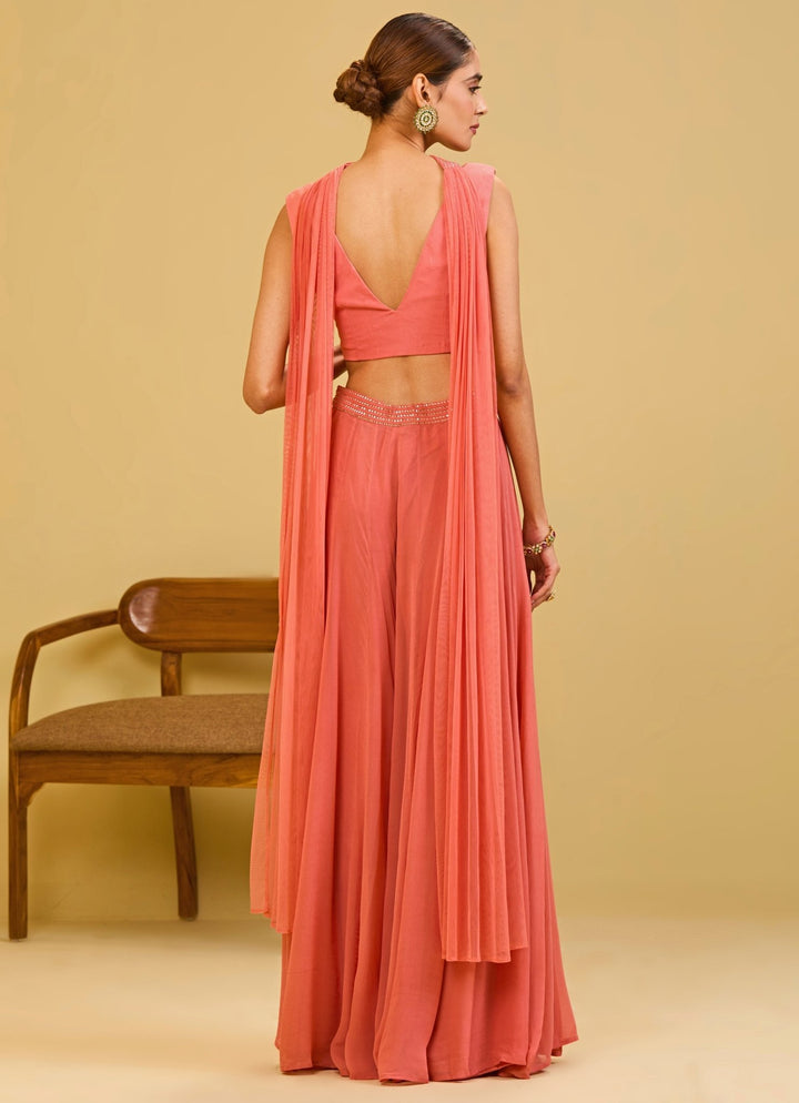 Esha Koul Coral Pink Georgette Blouse Palazzo SetFabilicious Fashion
