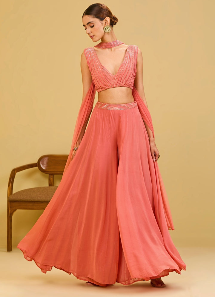 Esha Koul Coral Pink Georgette Blouse Palazzo SetFabilicious Fashion