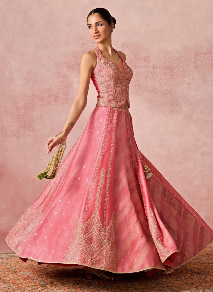 Chamee And Palak Coral Pink Jamewar Corset Lehenga SetFabilicious Fashion